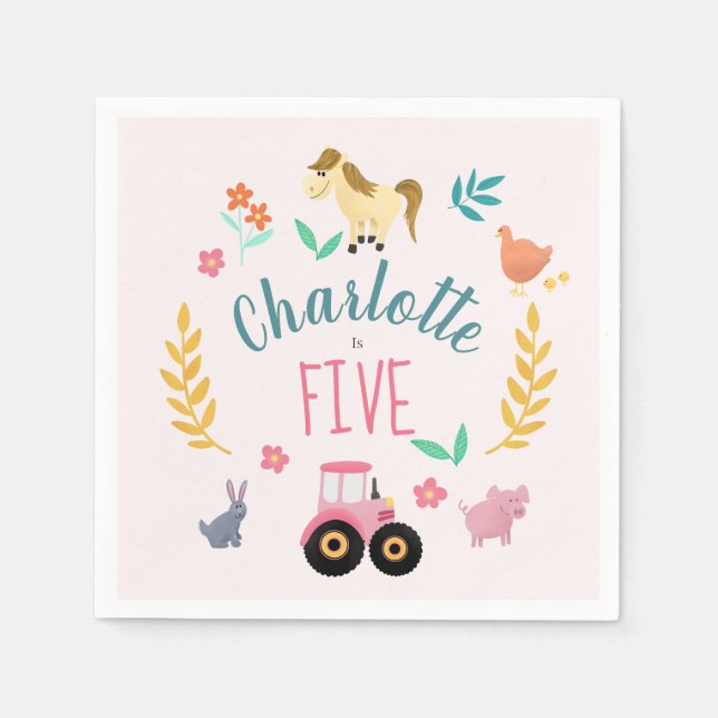 Serviette En Papier Girls Cute Rustic Pink Farm Animals Kids Birthday (Devant)