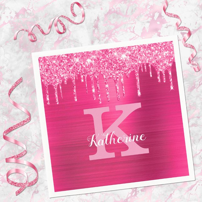 Serviette En Papier Girly Hot Pink Glitter Drips Glam Monogram (Créateur téléchargé)