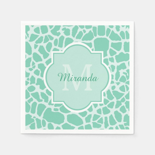 Serviette En Papier Girly Mint Green Giraffe Imprimer Monogramme et no (Devant)