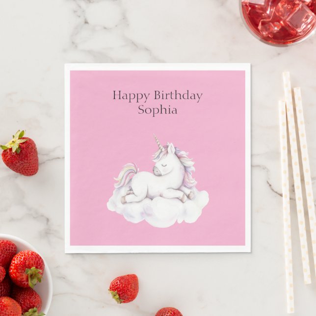 Serviette En Papier Girly Pink Unicorn on Cloud Birthday (En situation)