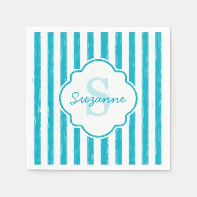 Serviette En Papier Girly Turquoise Peint Stripes Monogramme et nom (Devant)