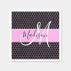 Serviette En Papier Glam Black Metallic Rose Honeycomb Nom du monogram