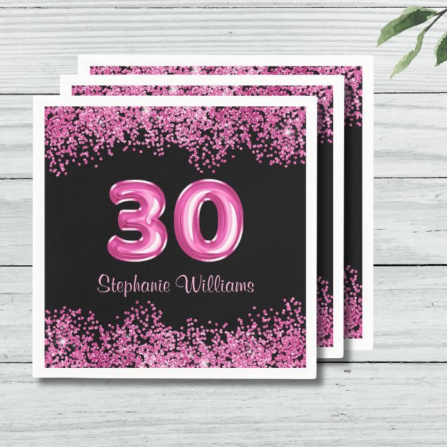 Serviette En Papier Glam Black Pink Foil 30e fête d'anniversaire (Personalize with Name.  Matching items available in collection)
