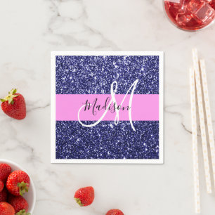 Serviette En Papier Glam Bleu Nuit Rose Paillettes Paillettes Nom Mono