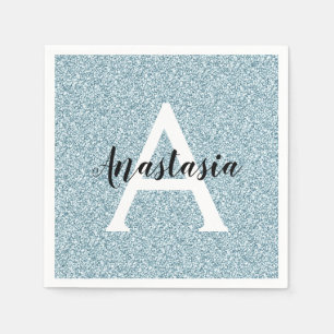 Serviette En Papier Glam Bleu Paillettes Argentées Monogramme Nom