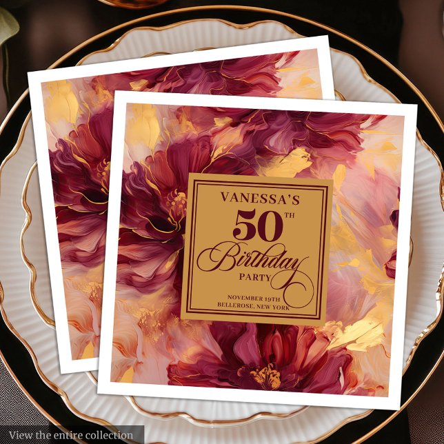 Serviette En Papier Glam Boho Bourgogne Blush Gold Floral 50e annivers (Glam Boho Burgundy Blush Gold Floral 50th Birthday Paper Dinner Napkins)