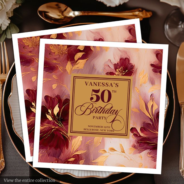 Serviette En Papier Glam Burgundy Blush Gold Floral 50e anniversaire (Glam Burgundy Blush Gold Floral 50th Birthday Paper Dinner Napkins)