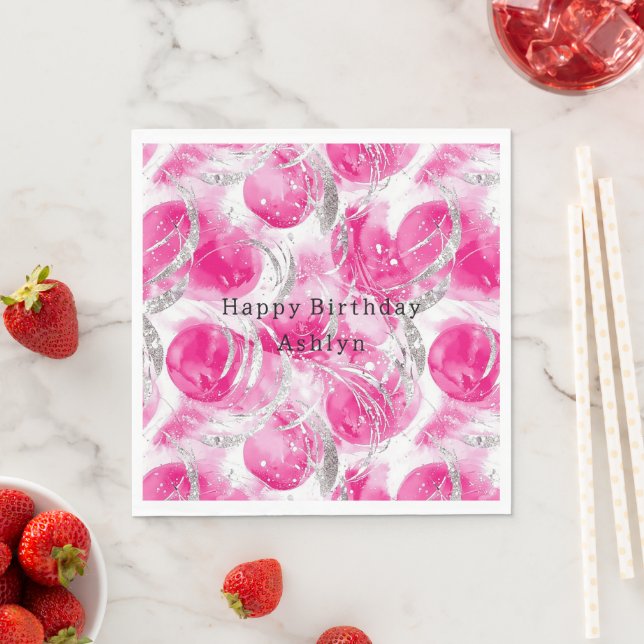Serviette En Papier Glam en argent rose Cercles Abstraits Anniversaire (En situation)