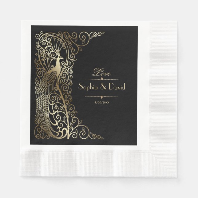 Serviette En Papier Glam Gold Art Déco Peacocs Mariage (Devant)