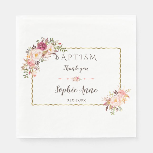 Serviette En Papier Glam Gold Blush Aquarelle Floral Baptême (Devant)