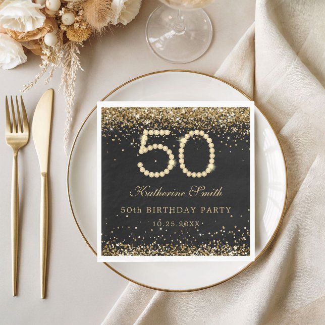 Serviette En Papier Glam Gold Diamonds 50th Birthday Party  (Gold Diamonds 50th Birthday Party Napkins)