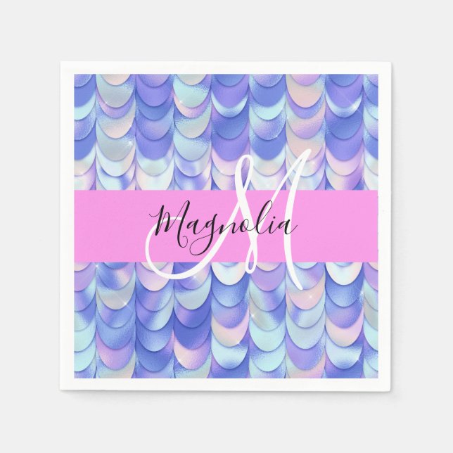 Serviette En Papier Glam Iridescent Écailles de Sirène Monogramme Bleu (Devant)