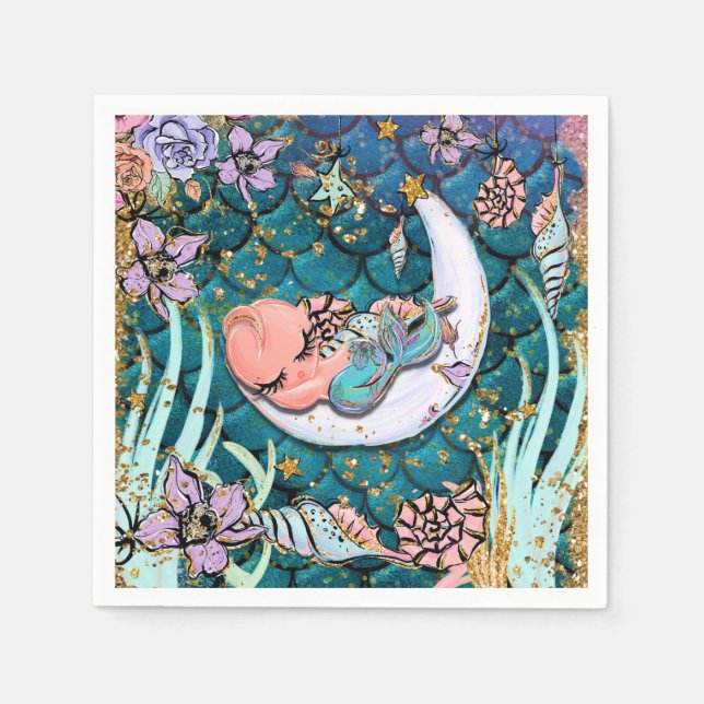 Serviette En Papier Glam Mermaid Or Glitter Garçons Baby Shower (Devant)