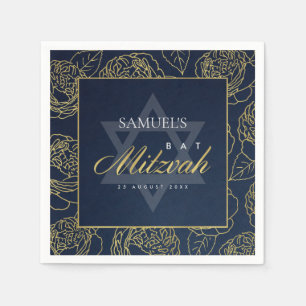 SERVIETTE EN PAPIER GLAM NAVY BLUE GOLD ROSE FLORAL BAR BAT MITZVAH