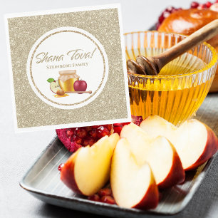 Serviette En Papier Glam White et Gold Juif Hébreu Rosh Hashanah