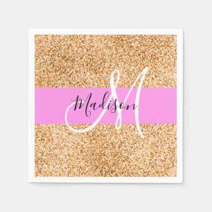 Serviette En Papier Glamour Rose & Cuivre Paillettes Monogramme Nom