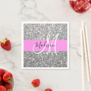 Serviette En Papier Glamour Rose & Paillettes Argent Monogramme Nom