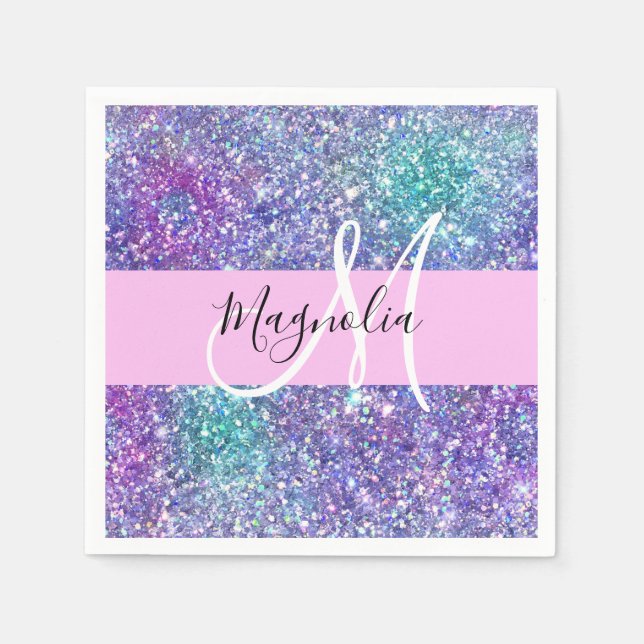 Serviette En Papier Glamour Violet, Bleu & Vert Paillettes Monogramme (Devant)