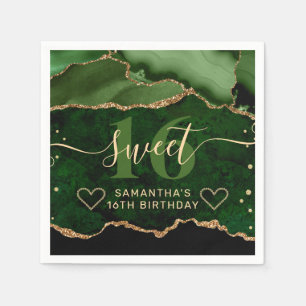 Serviette En Papier Glitter Agate Marbre Vert et Or Douce 16