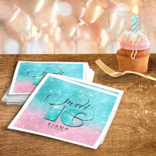 Serviette En Papier Glitter and Shine Sweet 16 Teal/Pink ID675