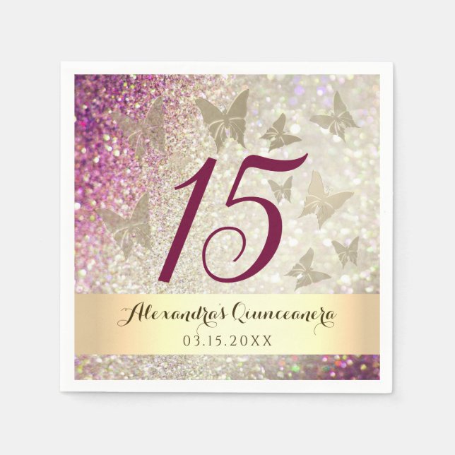 Serviette En Papier Glitter Rose 15e Anniversaire (Devant)