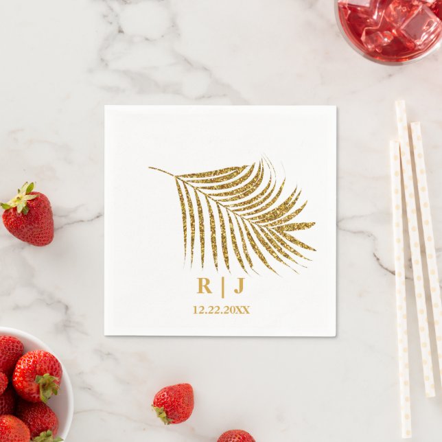 Serviette En Papier Glittery Gold Palm Leaf Monogramme Nom Mariage (En situation)
