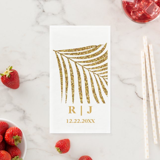 Serviette En Papier Glittery Gold Palm Leaf Monogramme Nom Mariage (En situation)