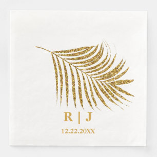 Serviette En Papier Glittery Gold Palm Leaf Monogramme Nom Mariage