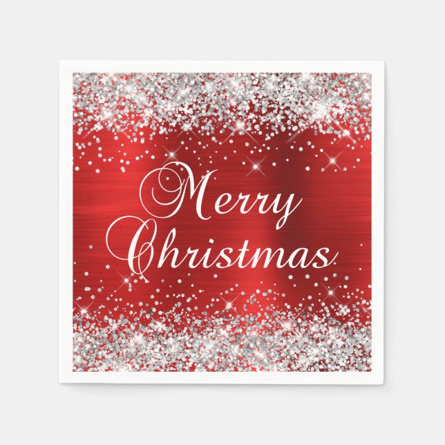 Serviette En Papier Glittery Silver and Red Joyer Christmas (Devant)