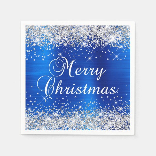 Serviette En Papier Glittery Silver et Royal Blue Joyeux Noël (Devant)