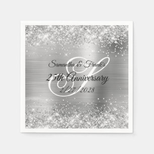 Serviette En Papier Glittery Silver Foil Monogrammé 25e anniversaire