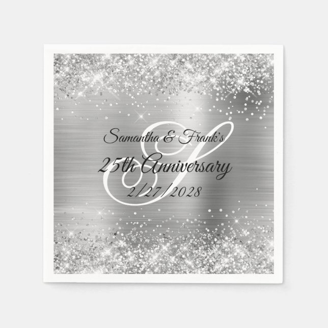 Serviette En Papier Glittery Silver Foil Monogrammé 25e anniversaire (Devant)
