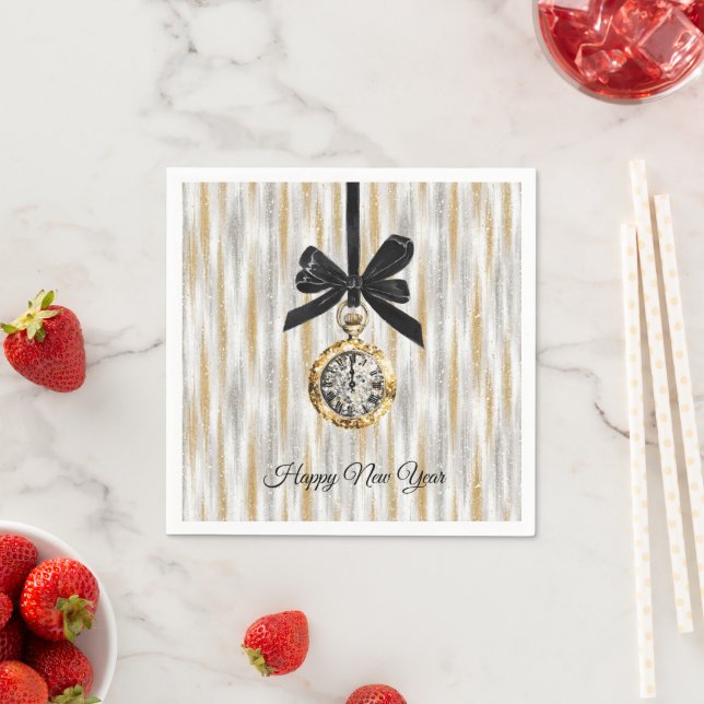 Serviette En Papier Glitzy Gold Silver StripesNew Year Midnight Hour   (En situation)