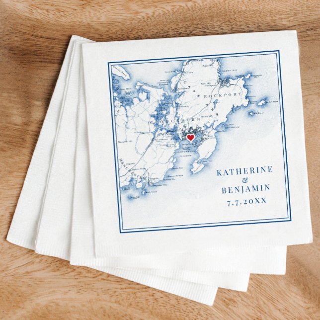 Serviette En Papier Gloucester Massachusetts Carte Marine Mariage élég (These Gloucester wedding napkins are perfect for your destination wedding to Cape Ann, Massachusetts)