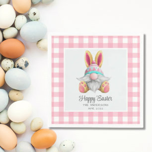Serviette En Papier Gnome à carreaux rose aquarelle Pâques