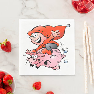Serviette En Papier Gnome de dessin animé drôle chevauchant un cochon