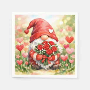 Serviette En Papier Gnome de la Saint-Valentin avec bouquet de roses r