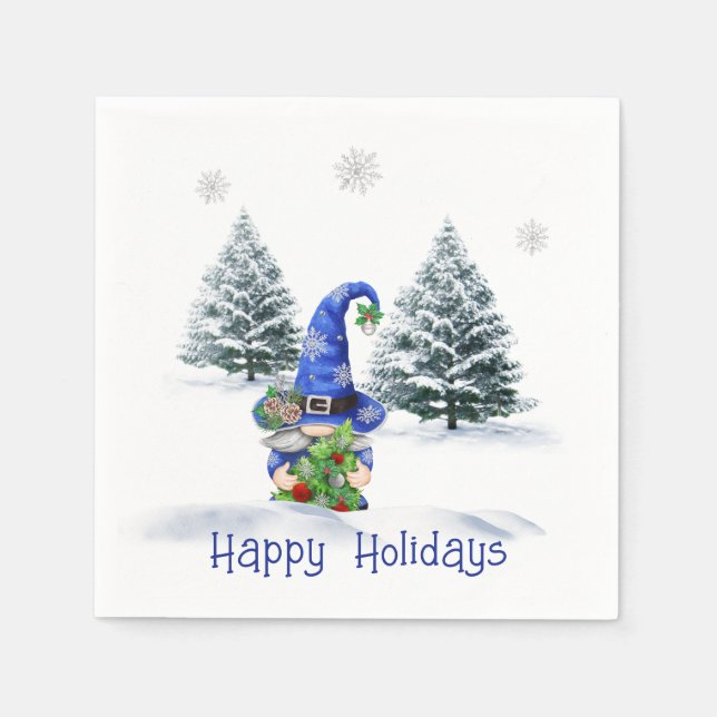 Serviette En Papier Gnome de Noël bleu avec arbre (Devant)