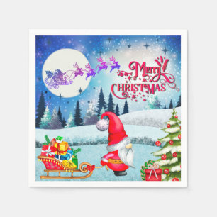 Serviette En Papier Gnome de Noël enneigé et cadeaux du traîneau du Pè