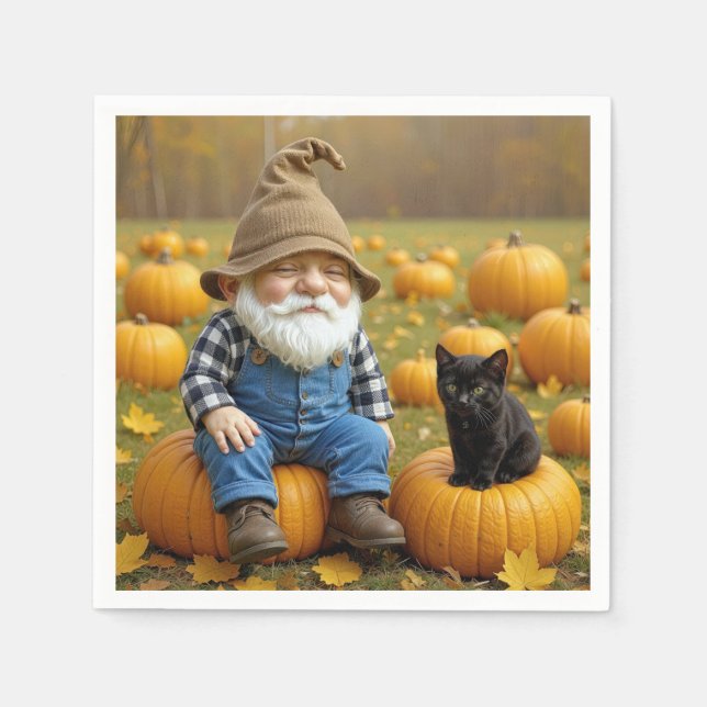 Serviette En Papier Gnome Farmer et Black Kitten en Citrouille (Devant)