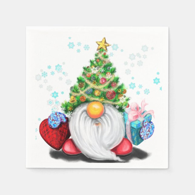 Serviette En Papier Gnome mignonne avec arbre de Noël Casquette et cad (Devant)