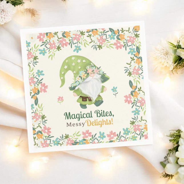 Serviette En Papier Gnome Whimsical mignon premier anniversaire Floral (Cute Whimsical Gnome First Birthday Floral Napkins)