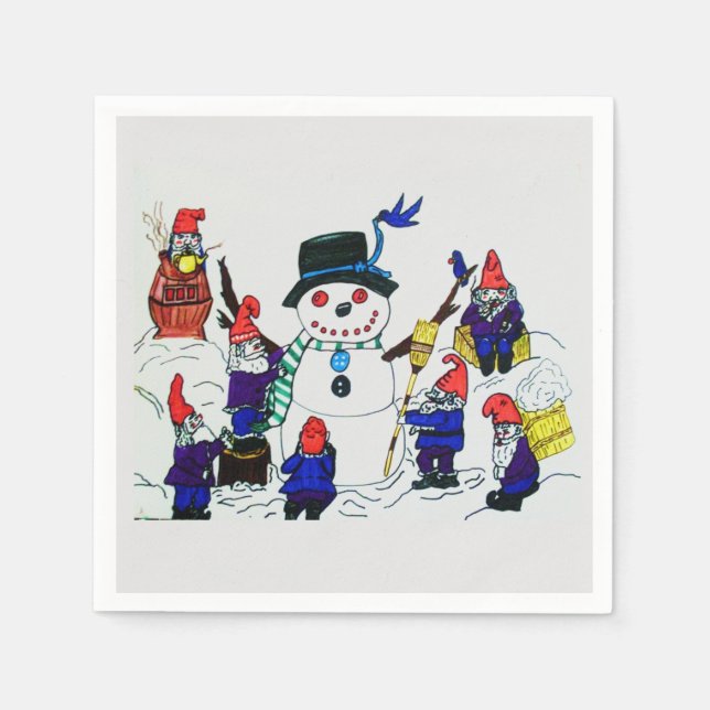 SERVIETTE EN PAPIER GNOMES CONSTRUIRE SNOWMAN (Devant)