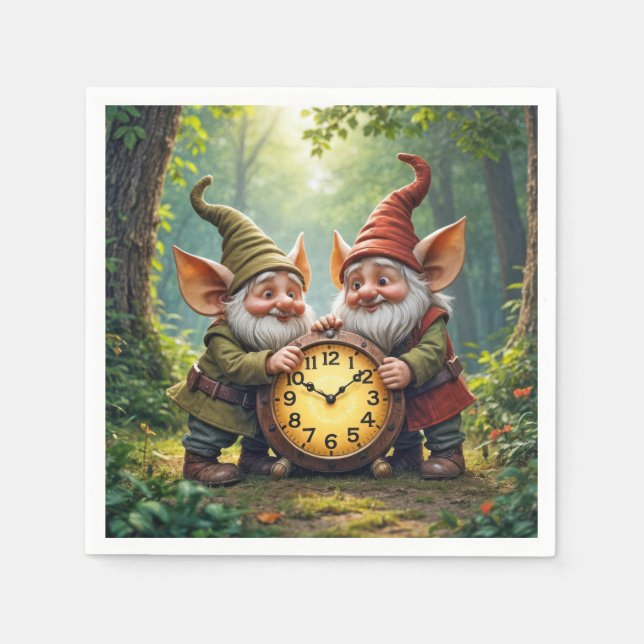 Serviette En Papier Gnomes Forestiers Avec Ancienne Horloge (Devant)
