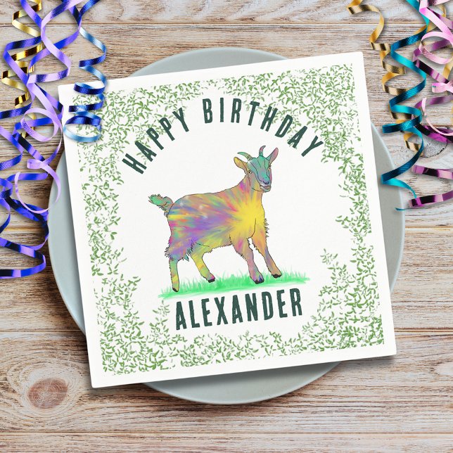 Serviette En Papier Goat Farm Animal Joyeux Anniversaire ajouter Nom (Baby goat farm animal birthday party custom paper plate cute goat animal art and foliage watercolor )