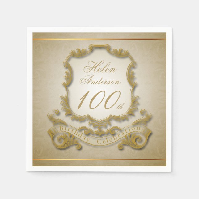 Serviette En Papier Gold 100th Anniversaire Papier de célébration (Devant)