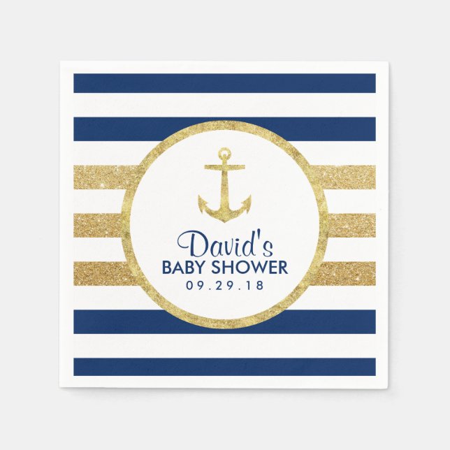 Serviette En Papier Gold Ancre Marine Gold Stripes Baby shower nautiqu (Devant)