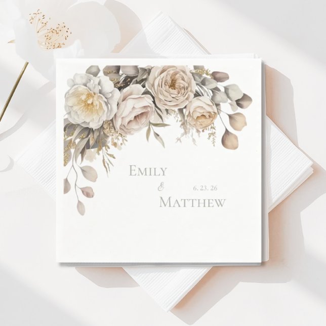 Serviette En Papier Gold And Ivory Floral Wedding Napkin (Créateur téléchargé)