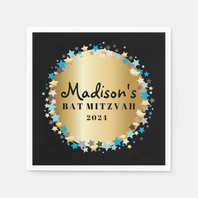 Serviette En Papier GOLD Aqua Gold Stars Bar Bat mitzvah Napkin (Devant)