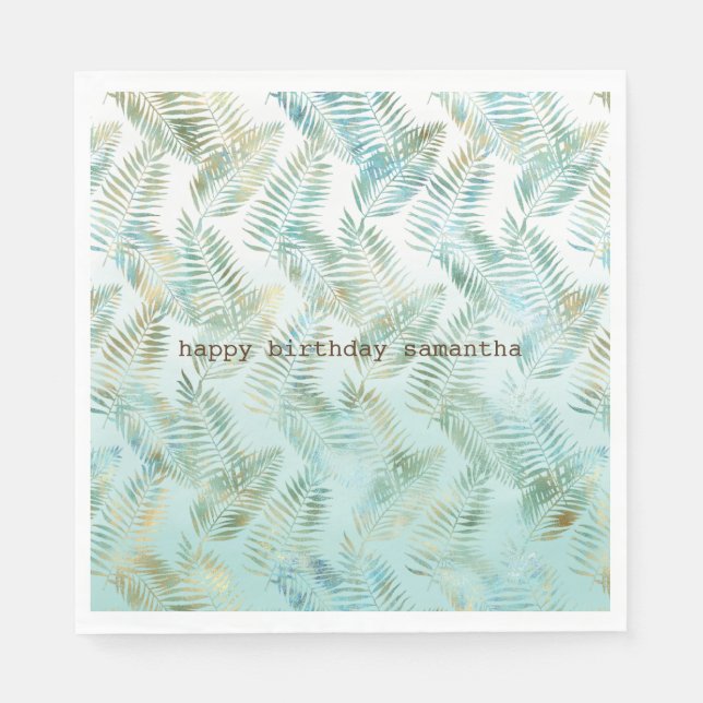 Serviette En Papier Gold Aqua Green Feuilles tropicaux (Devant)